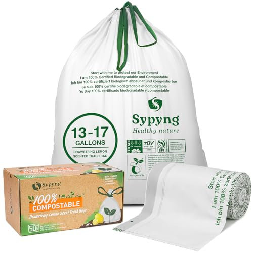 Müllbeutel kompostierbare, 100% Bioabfallbeutel mit Zitrone Duft mit Kordelzug, umweltfreundlich,50 Stück/Rolle, 50-65l (636 x 736 cm), extra dick:1,1 mm, Kompost Home zertifiziert EN13432