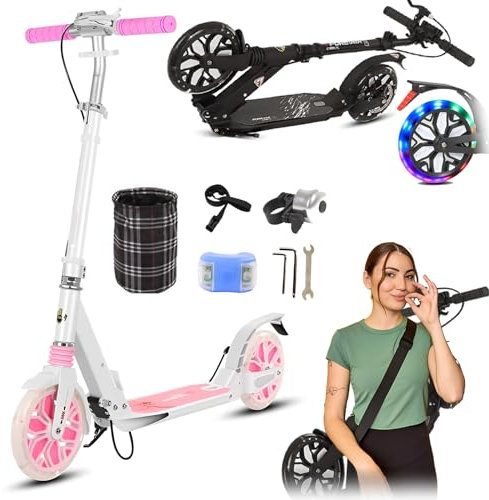 GHBXJX City Roller Erwachsene LED 200mm Big Wheel Scooter, Klappbar Cityroller mit Handbremse, Tretroller Kinder ab 8 Jahre Mädchen Jungen Teenager, Kickscooter Kinder Scooter Cityroller,Rosa