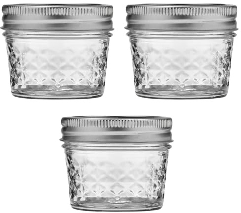 Ball Wide Mouth Quilted Crystal Jelly Jars with Lids and Bands, Used for Canning, Pickling, Juice, Jam, Jelly, Quarter Pint Size (4 Ounce (Pack of 3))