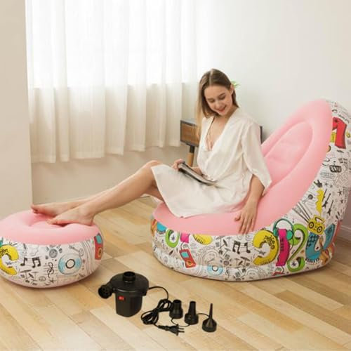 hxoity Aufblasbares Lazy Sofa Lounge Stühle Air Lazy Sofa Set Beflockte Stühle Ottomane Blow Up Chaise (verschenken Elektrische Luftpumpe)(Pink)