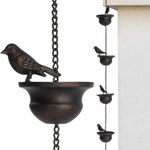 Catena per la pioggia, con catenella per la pioggia, con bacino e grondaia, devia l'acqua con scacciapensieri decorativi in bronzo scuro