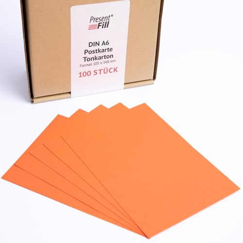 PresentFill® - Lot de 100 cartes postales vierges en papier - Orange - 210 g/m² - Format A6 - 105 x 148 mm - Pour personnaliser, écrire ou imprimer comme carton de bricolage