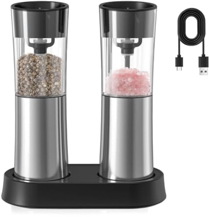GOSER Electric Salt and Pepper Grinder Set Parts Rechargeable Automatic Grinder with Charging Base LED Light, Adjustable Coarseness