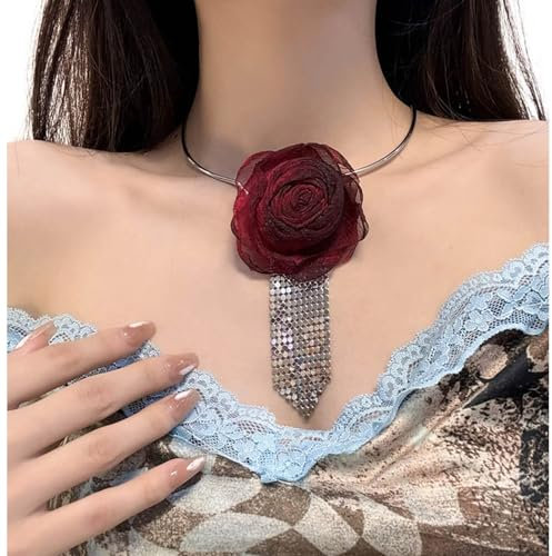 Zgehnao Damen-Krawatte, modische Pailletten-Krawatte mit 3D-Netz, Rosen-Blume, Choker-Halskette, Schmuck für Nachtclub-Partys, rot, Suitable for neckline 30-40cm