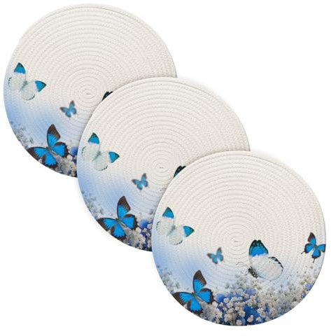 Untersetzer, hitzebeständig, blaue Hortensien, Schmetterling, rund, gewebt, 38,1 cm, für Esstische, Urlaub, Party, Dekoration, 38,1 cm