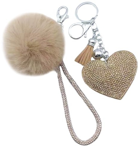 Xsclpomddy Leder Liebes-Herz Keychain Kristallstrass Bling mit Pom Pom Schlüsselbund künstliche weiche Kaninchenhaar Taschenanhänger für Handtasche