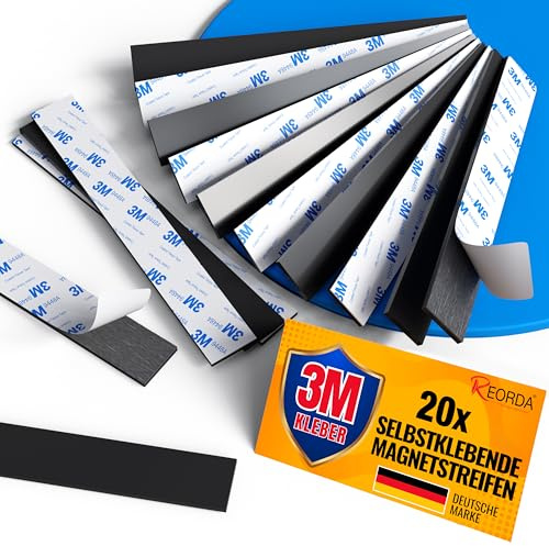 REORDA Magnetstreifen selbstklebend [STARKER 3M KLEBER] - 20 Stück | magnetisches Klebeband | Starkes Magnetband - Sicherer Halt für fast alle metallischen Objekte (15 cm x 30 mm)