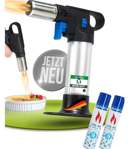 STAHLMANN® Flambierbrenner [1300°C] inkl. 2x 300 ml Gas – Premium Creme Brulee Brenner, nachfüllbar mit Sicherung – Ideal zum Karamellisieren, Flambieren & Bräunen