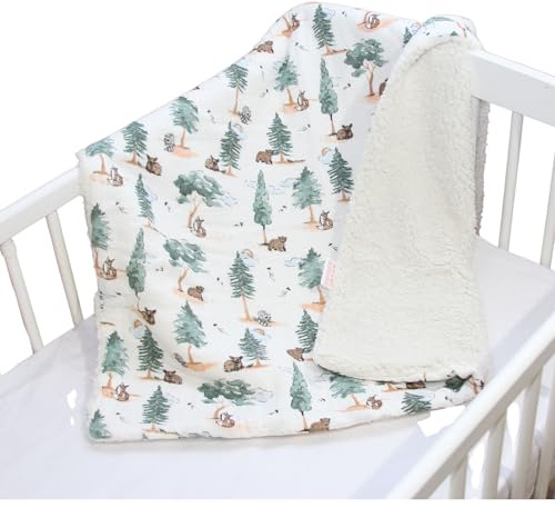 Babylux Musselin & Teddy Kuscheldecke – 100x75 cm – Weich, Warm & Zweiseitig für Kinderwagen & Babybett (D7 - Wald)