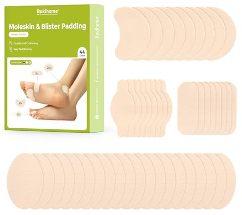 Bukihome pansement ampoule pied moleskin pads - Anti ampoule pied - Rembourrage en moleskine pour ampoules, chaussures, orteils, talons, réduit les douleurs dues aux frottements - 4 formes, 44 pcs