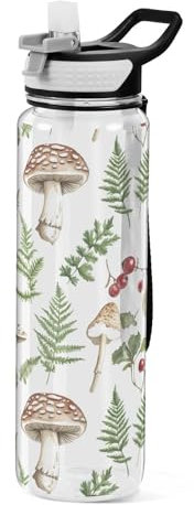 Mnsruu Mushroom Vintage Botanical Nature Plant Water Bottle 1L with Straw, Leakproof BPA Free Tritan Drink Bottle, Sport Water Bottle for Men Women Kids