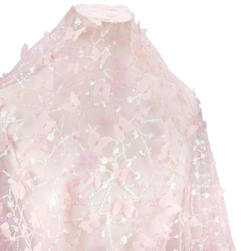 CABODYALS 3D Schmetterlings Tüllstoff Metallisch Glitzernd Rosa Pailletten Netzstoff Meterware Funkelnde Pailletten Stickerei Netz Spitzenstoff Zum Nähen Basteln Kleider Kleidung Kostüme Heimdekoratio