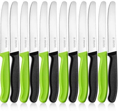 targzier Frühstücksmesser 12 Stück,Wellenschliff,Schwarz&Grün Messer | Edelstahl Klinge 11cm,Messer Wellenschliff,Rostbeständig Brötchenmesser,Ergonomische PP Kunststoffgriff Tomatenmesser