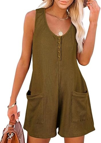 Sukiglam Rompers for Women UK Sleeveless V Neck Tank Top Playsuits Summer Casual Wide Leg Short One-Piece Overall Jumpsuits Waffle Outfit Romper with Buttons and Front Pockets