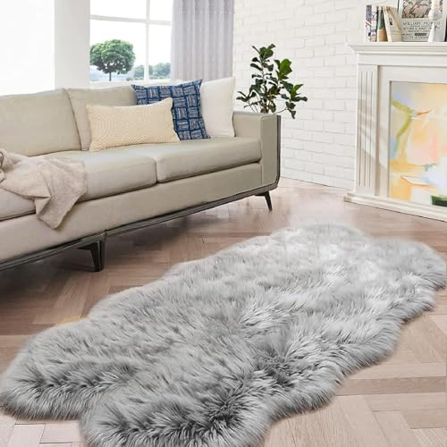JXLOULAN Faux Lammfell Schaffell Teppich Grau 120x180 cm, Weicher Flauschiger Teppich Wohnzimmer Deko, Longhair Fell Lammfellimitat Carpet für Stühle Sofa Schlafzimmer Kinderzimmer