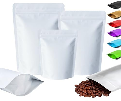 Plaphy 100-pack Stående Aluminiumfolie Zippåsar Återförslutbara, Matta Färgade Stand up Ziplock Mylarpåsar, Lufttäta Doypack för Förpackning och Förvaring Livsmedel, Snacks, Godis (Vit, 16 x 24 cm)