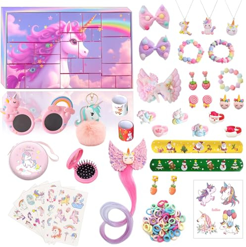 Adventskalender 2025 Mädchen, Einhorn Weihnachtskalender kinder, 24-tägige Weihnachts-Countdown-Box, 24 Überraschungen Spielzeug Weihnachten Schmuck Geschenk für Kinder Mädchen