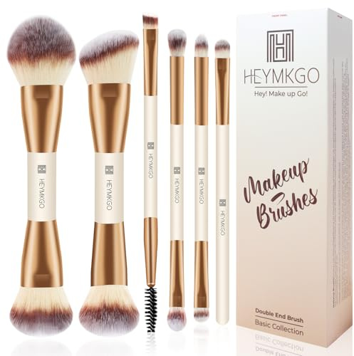 HEYMKGO Makeup Brushes 6-Piece Double End Brush Professional Foundation Contour Powder Blush Highlight Concealer Eyeshadow Makeup Brush Set for Liquid, Cream, Powder Cosmetic Tools