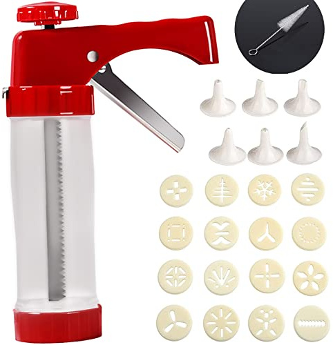 Cookie Press for Baking, Spritz Cookie Press, Thicken Cookies Press Gun Kit with 16 Discs and 6 Decorating Tips, Suitable for DIY Cookies Maker and Cake Icing (Red)