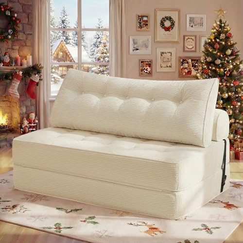 HOMMPA Sofá cama plegable convertible 3 en 1 sofá cama sillón con cojín puf sofá silla cómodo sofá cama sofá suelo salón para dormitorio salón beige 130 cm