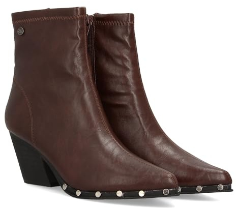 Stivaletto da donna con tacco cubano, dettagli borchie, stile moderno, finitura a becco, stampa liscia, chiusura laterale con cerniera, ideale ottono invernale., marrone, 41 EU