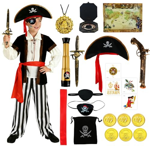 Kitimi Piratenkostum Kinder Jungen, 22 Stück Piraten Zubehör Piraten Hut Augenklappe Fernrohr Pirate Captain Accessories Kostüm Pirat Kinder Freibeuter Outfit für Karneval Halloween Cosplay Party