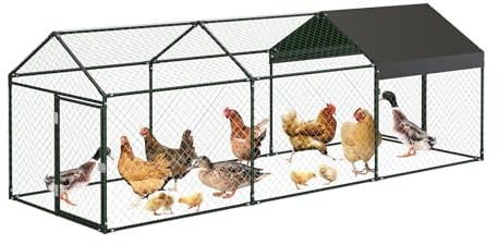 Hühnerstall 3m², Hühnerhaus aus Metall 3x1x1m, Hühnergehege mit Sicherheitsschloss und wasserdichtem PE-Farbtuch, Freilaufgehege draußen für Hühner, Kaninchen & Kleintiere