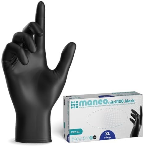 maneo 1000 guanti monouso neri taglia XL, guanti in nitrile senza polvere e senza lattice, articoli in gomma monouso resistenti per pulizia, cucina e uso domestico