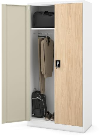 Jan Nowak Kleiderschrank abschließbar, Büroschrank mit Kleiderstange | Aktenschrank, Metallschrank mit Fächern, Kleiderstange, 50 kg Fachlast, Stahl 0,6 mm, Schloss, Wandmontage, 185 x 90 x 45 cm