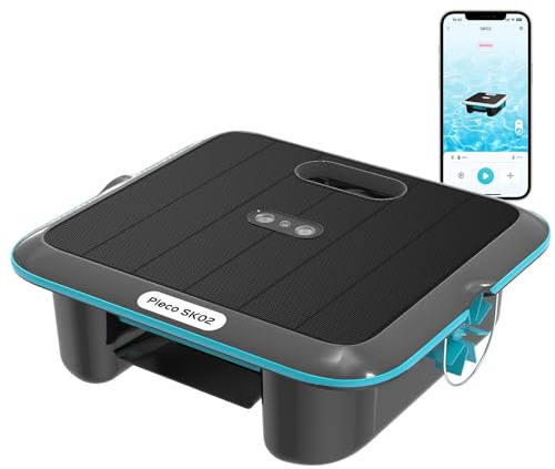 Genérico (Upgrade 2026) Pleco SK02 Robot Piscina Skimmer Superficie Solar, Robot Superficie Piscina Inalámbrica, Control App, Sonda de Temperatura, Skimmer Piscina Off-Suelo Automático 24/7, Gris Azul