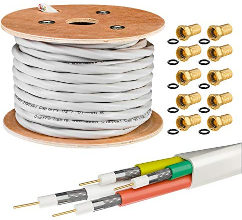 HB-DIGITAL 25m Koaxial Quattro-Kabel SAT 4-Fach Kabel Weiß 4-in-1 für Ultra HD 4K DVB-S / S2 DVB-C und DVB-T / T2 BK Anlagen + 20 vergoldete F-Stecker SET Gratis dazu (Quattro, Quad Kabel)