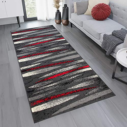 TAPISO Dream Läufer Flur Teppich Kurzflor Modern Teppichläufer Brücke Grau Creme Rot Streifen Wellen Meliert Muster Wohnzimmer ÖKOTEX 100 x 250 cm