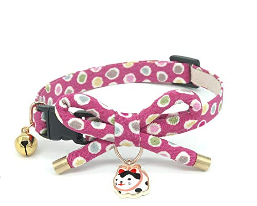 PetSoKoo Cute Bowknot Cat Collar with Bell. Japan Colorful Polka Dots Pattern. Lucky Cat Charm. Safety Breakaway, Soft, for Girl Boy Male Female Adult Cats,Pink