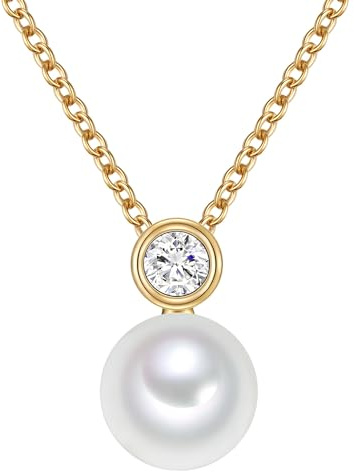 Valero Pearls Damen Halskette 925/- Sterling Silber Gelbgold Perlenanhänger | Süßwasser-Zuchtperle,Button-Form,Perlengröße 8 mm,Zirkonia,weiß,Silberhalskette,Anhänger,echte Perle,Ankerkette,42+7 cm,