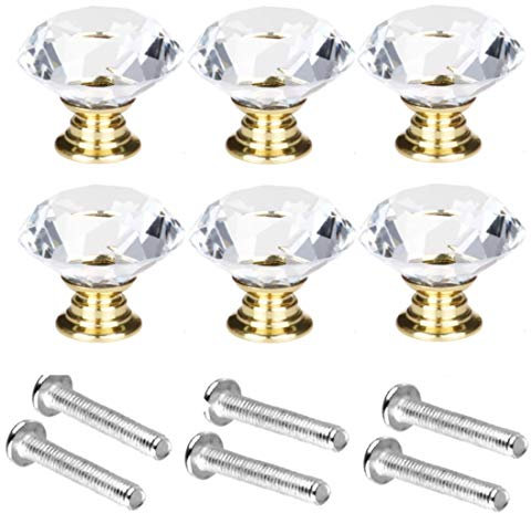 SuperglockT 30mm Kristallglas Möbelknöpfe Schubladenknöpfe Möbelgriffe Schrankgriffe Kommodenknöpfe Diamant Glas Garderobe Ziehgriffe Mit 4mmx25mm Schrauben (6, Golden)