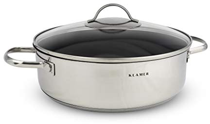 KLAMER Servierpfanne, Schmorpfanne mit Deckel 28cm Induktion, Edelstahl Schmortopf backofengeeignet, Schmorpfanne hoher Rand, Premium Beschichtung