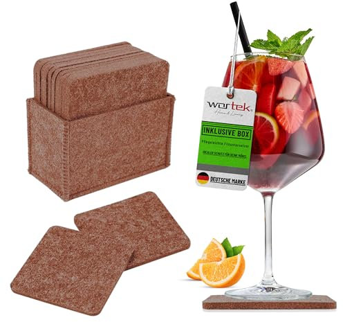 wortek Lot de 10 dessous de verre carrés en feutre marron - Décoration avec boîte - Lavable - Design en feutre - Pour boissons, tasses - 10 cm