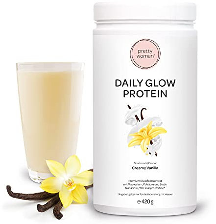 pretty woman® Daily Glow Eiweiss Protein Pulver für Frauen „Creamy Vanilla“ 420 g/Low Carb Shake mit Vitaminen & Mineralien, Biotin & Folsäure - nur 0,5g Zucker pro Portion
