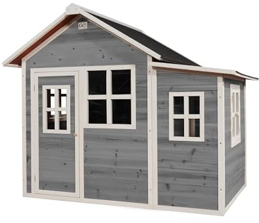 EXIT Toys Loft 150 Holzspielhaus mit Anbau für Draußen - Gartenhaus aus Holz für Kinder - Wasserdichtes Dach - Einfache Montage - 100% FSC Zedernholz - TÜV-Zertifiziert - 188x149x159cm - Grau