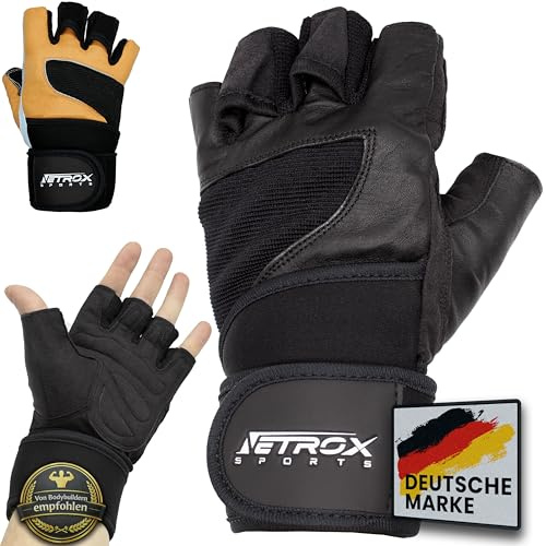 NetroxSports - Leder Trainingshandschuhe mit 40cm Handgelenkbandage für Krafttraining Kraftsport - Fitness Handschuhe Gym mit Handgelenkschutz Herren & Damen - Sporthandschuhe Fitnesshandschuhe