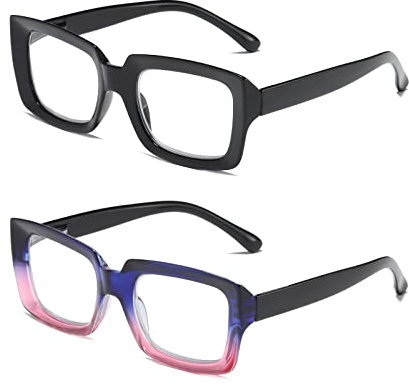 MMOWW 2 Pacco Occhiali da Lettura Donna Rettangolari - Oversize Square Frame Anti Luce Blu Occhiali（nero + blu e viola, +3.0