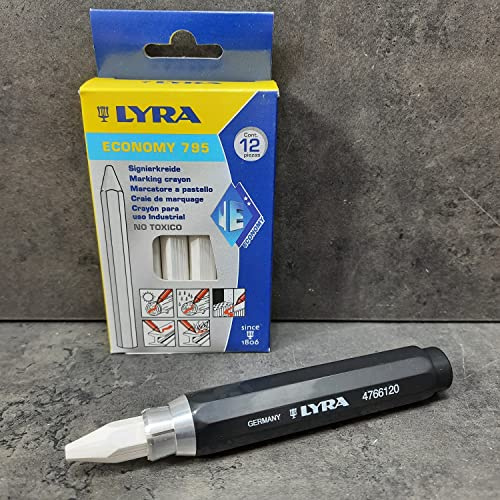 Lyra Profi Markierkreide mit Kreidehalter -12xSignierkreide für Holz, Metall, Stein, Beton, Fliesen,1 Halter Forstkreide (Weiss)