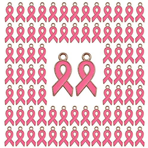 WANDIC 100 PCS Breloque Octobre Rose, Pendentifs Ruban Rouge Rose Sensibilisation au Cancer du Sein Charms Émail,pour la Fabrication de Bijoux Accessoires Bracelet