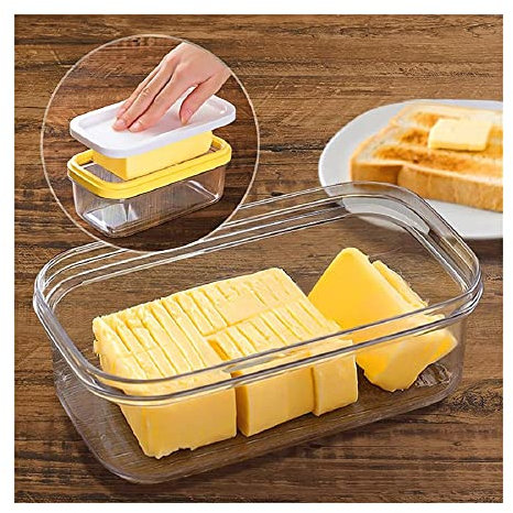 Inicio Mantequera de plástico con tapa de silicona y cortador para un fácil corte y almacenamiento, caja de mantequilla sin BPA para refrigerar, contenedor de mantequilla transparente 2 en 1
