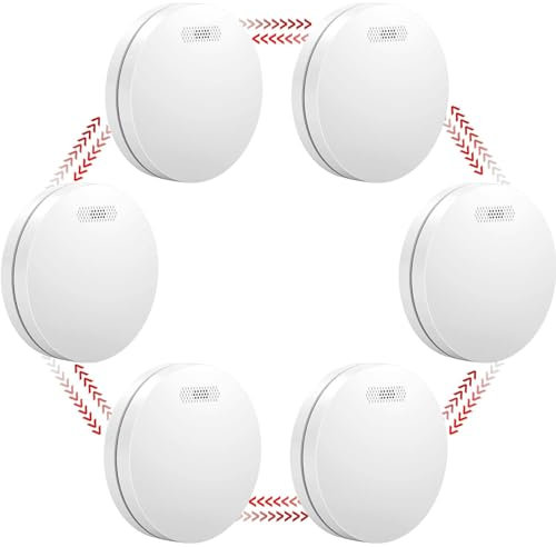 Wireless Interlinked Smoke Alarm 6 Pack, 10 Years Lithium Battery Powered Wireless Networked Smoke Detectors for Home by 433MHz, 85dB Audible Alarms for Fire Warning