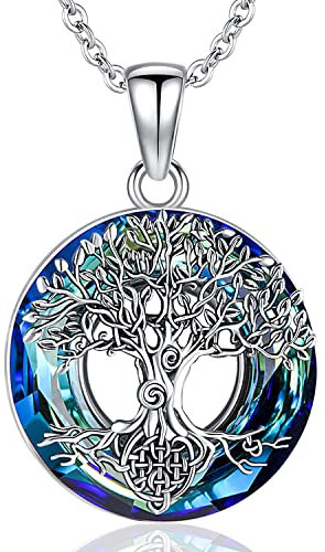 Friggem Baum des Lebens Halskette Damen Sterling Silber Keltischer Knoten Stammbaum Halskette, Mit rundem Kristall Lebensbaum Anhänger Schmuck Geschenke für Damen
