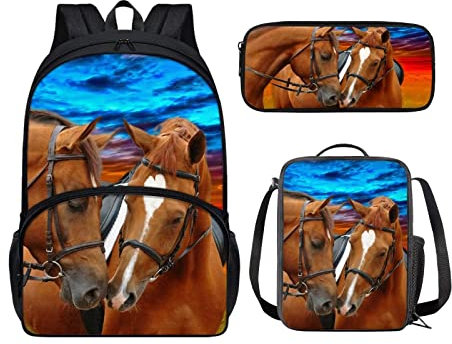 chaqlin Tier Braun Pferd Rucksack Schultaschen Set für Jungen Mädchen, Satz von 3-Pcs Schulbuchtaschen Rucksack mit isolierter Lunch Box, Stift Tasche Kinder zurück zu Schultaschen Set