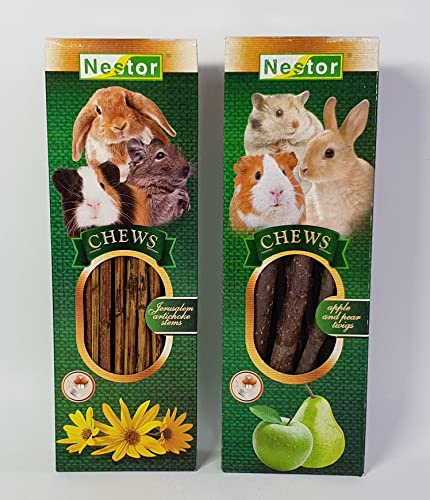 2x 100% Natural Rodents and Rabbits Pet Twigs Chews Treats Hamster Guinea Pig Gerbil Degu Rat Chinchilla Snacks (One Pack Apple and Pear Twigs) and (One Pack Sunroot stalks)
