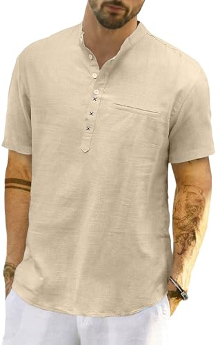 LVCBL herrar casual bomull linne kortärmad Henley-skjorta sommar lätt bandad krage strandtoppar M-3XL, kaki, 3XL