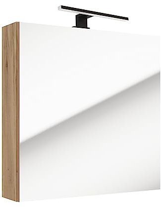 Lomadox Badezimmer Spiegelschrank 1 Tür 60 cm 2 Glas Einlegeböden Ablage mit LED Aufbauleuchte Eiche Nb. B/H/T: 60/65/15 cm